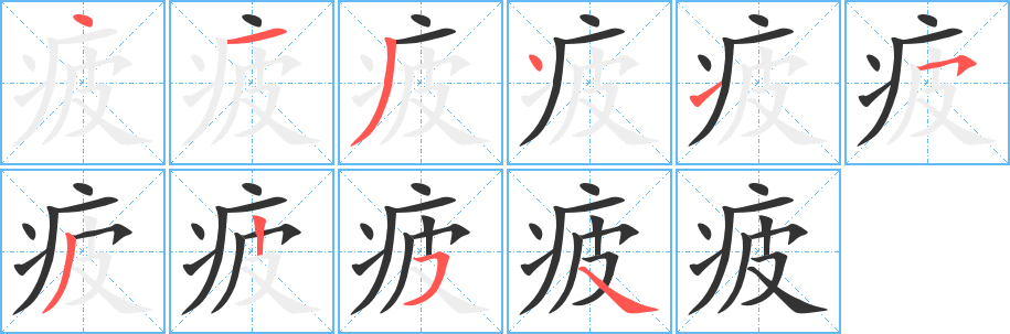 疲字的笔顺分布演示