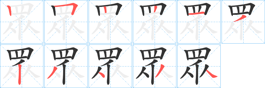 眾字的笔顺分布演示