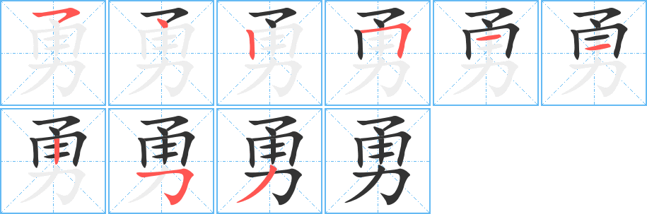 勇字的笔顺分布演示