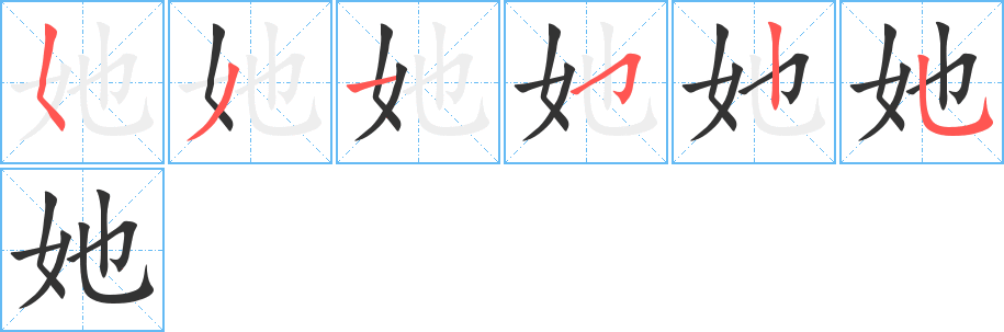 她字的笔顺分布演示