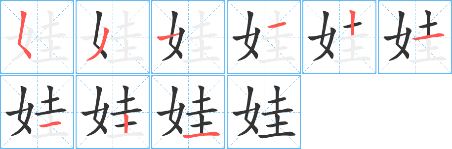 娃字的笔顺分布演示