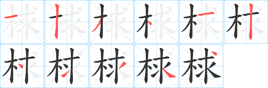 梂字的笔顺分布演示