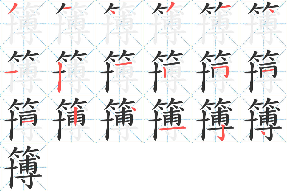 簙字的笔顺分布演示