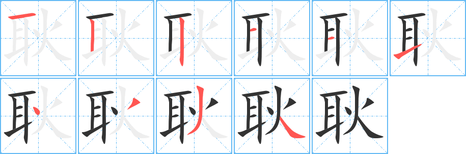 耿字的笔顺分布演示