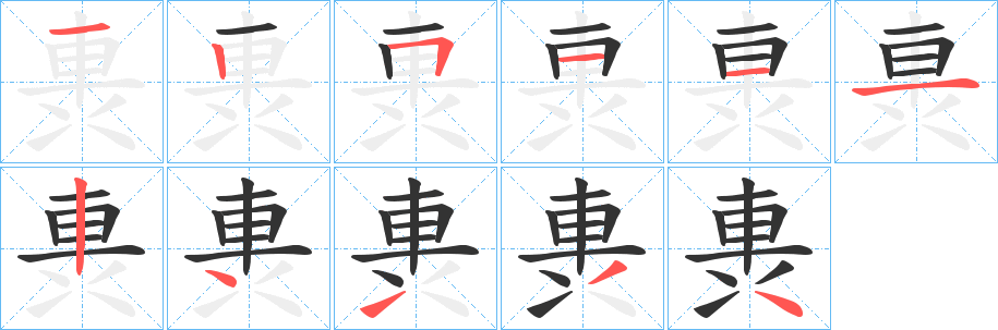 軣字的笔顺分布演示