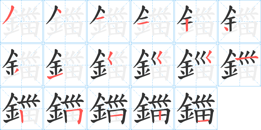 鍿字的笔顺分布演示